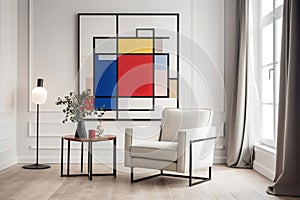A living room with a Piet Mondrian-inspired armchair as the centerpiece. The armchair is geometric and colorful, with bold red, bl