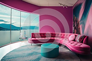 A living room with a pink couch and a blue ottoman. AI generative image.