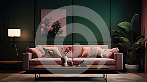 Living room, pink and dark green colors. Interior design