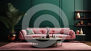 Living room, pink and dark green colors. Interior design