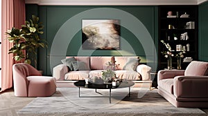 Living room, pink and dark green colors. Interior design