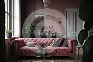 Living room with a pink sofa