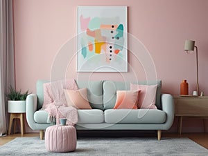 A living room with pink walls and a blue couch. Generative AI image.