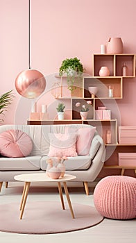 a living room with pink walls and furniture Modern interior Library with Pastel Pink color theme