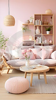 a living room with pink walls and furniture Modern interior Library with Pastel Pink color theme