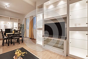 Living room with plaster bookcase with glass doors and shelves,