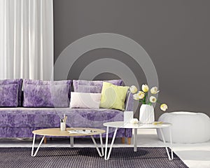 Living room with a purple sofa