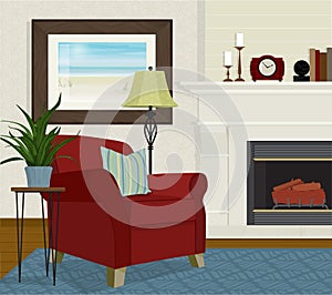 Living Room with Red Overstuffed Chair and Fireplace