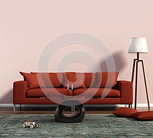 Living room with a red sofa and a geometrical rug photo