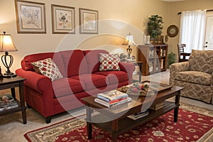 Living room with red sofa and tables