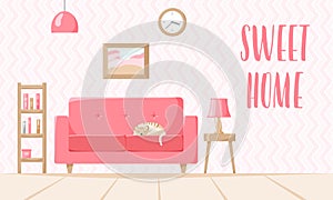 Living room in retro style, flat home illustration with sofa, lamp, books on shelf, clock, sleeping cat. Sweet home sign