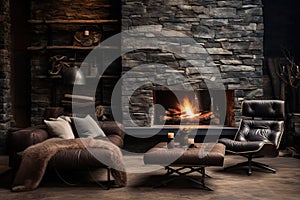 Living room in rustic industrial style with stone fireplace. Generative AI