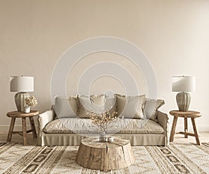 Living room scandinavian style. Mock up poster frame in modern interior background. 3d render illustration.