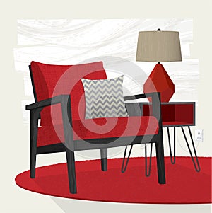 Living room scene red lounge chair and table lamp