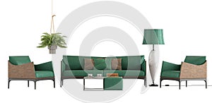 Living room set with green sofa and armchairs on white