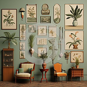 Luminous Vintage Green Room With Detailed Botanic Studies