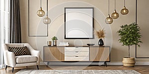 Living room with sideboard and empty frame on beige wall