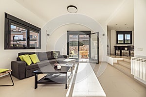 Living room of a single-family home with smooth walls painted white, seating area with chaise longe upholstered in gray fabric and