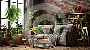 Living Room With Sofa and Green Home Plants Stylish Interior Background