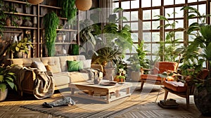 Living Room With Sofa and Green Home Plants Stylish Interior Background