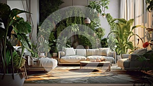 Living Room With Sofa and Green Home Plants Stylish Interior Background