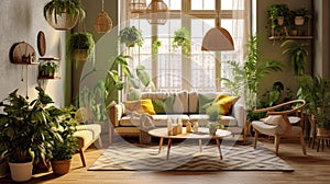 Living Room With Sofa and Green Home Plants Stylish Interior Background