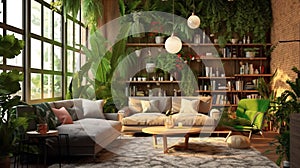 Living Room With Sofa and Green Home Plants Stylish Interior Background