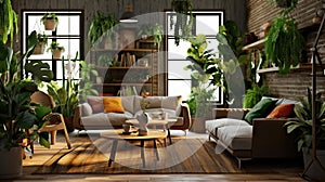 Living Room With Sofa and Green Home Plants Stylish Interior Background