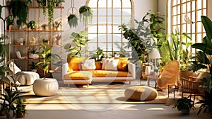 Living Room With Sofa and Green Home Plants Stylish Interior Background