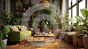 Living Room With Sofa and Green Home Plants Stylish Interior Background