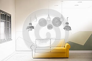 Living room with sofa. Illustrated interior design