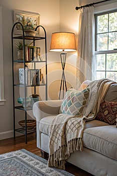 Living Room with Sofa, Lamp, and Rack photo
