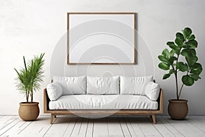 Living room with sofa Scandinavian Nordic interior design with empty wooden photo frame border on light wall