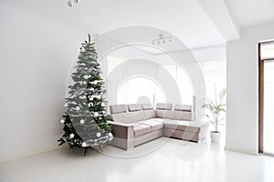 Living room space, comfortable sofa and christmas tree in large suite. Contemporary designer mansion