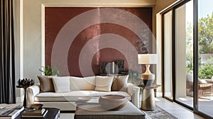 A living room with a statement wall featuring a textured polished plaster finish in a deep burgundy color. The highgloss