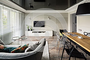 Living room with stretch ceiling