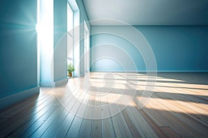 Living room with sunlight shine through a sliding door, wooden floor, blue wall. Generative AI