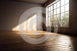 Living room with sunlight shine through a sliding door, wooden floor, gray wall. Generative AI