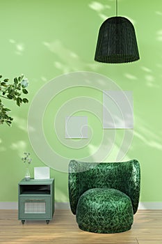 Living room with sunlit green wall and cozy sofa.