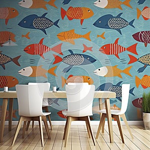 A living room with a table, with colorful animals on the wall. Ai generated