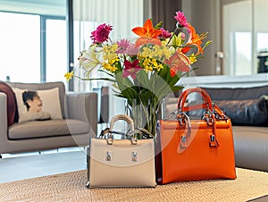 on the living room table, vase with spring flowers and women\'s handbags of various colours