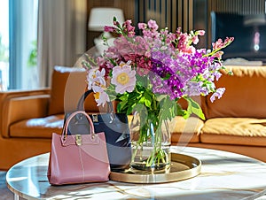 on the living room table, vase with spring flowers and women\'s handbags of various colours