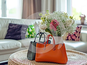 on the living room table, vase with spring flowers and women\'s handbags of various colours