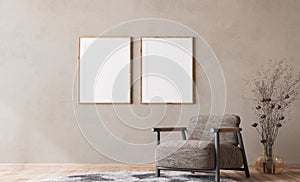 Living room template, poster frame mock up in bright interior design with armchair on an empty beige background