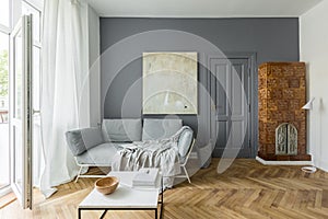 Living room with tiled stove