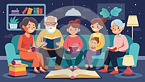 A living room transformed into a cozy storytime setting with multiple generations of a family snuggled together as they
