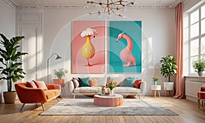 A living room with two colorful paintings on the wall, one of which is a giraffe and the other a duck. The room is furni