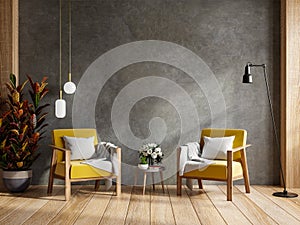 Living room with two yellow armchair,mockup concrete wall