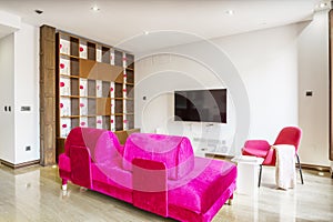 Living room of a vacation rental home with contemporary designer furniture and a bright fuchsia color armchair