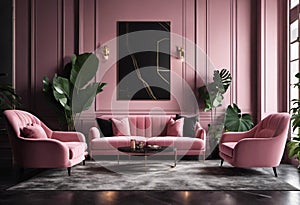 this living room is very pink and has pink couches with black cushions and green